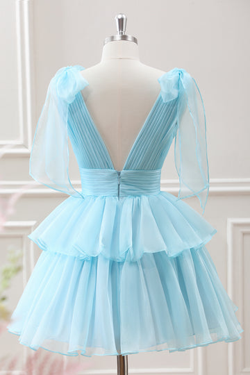Cute Light Blue A Line V Neck Pleated Tiered Mini Dress